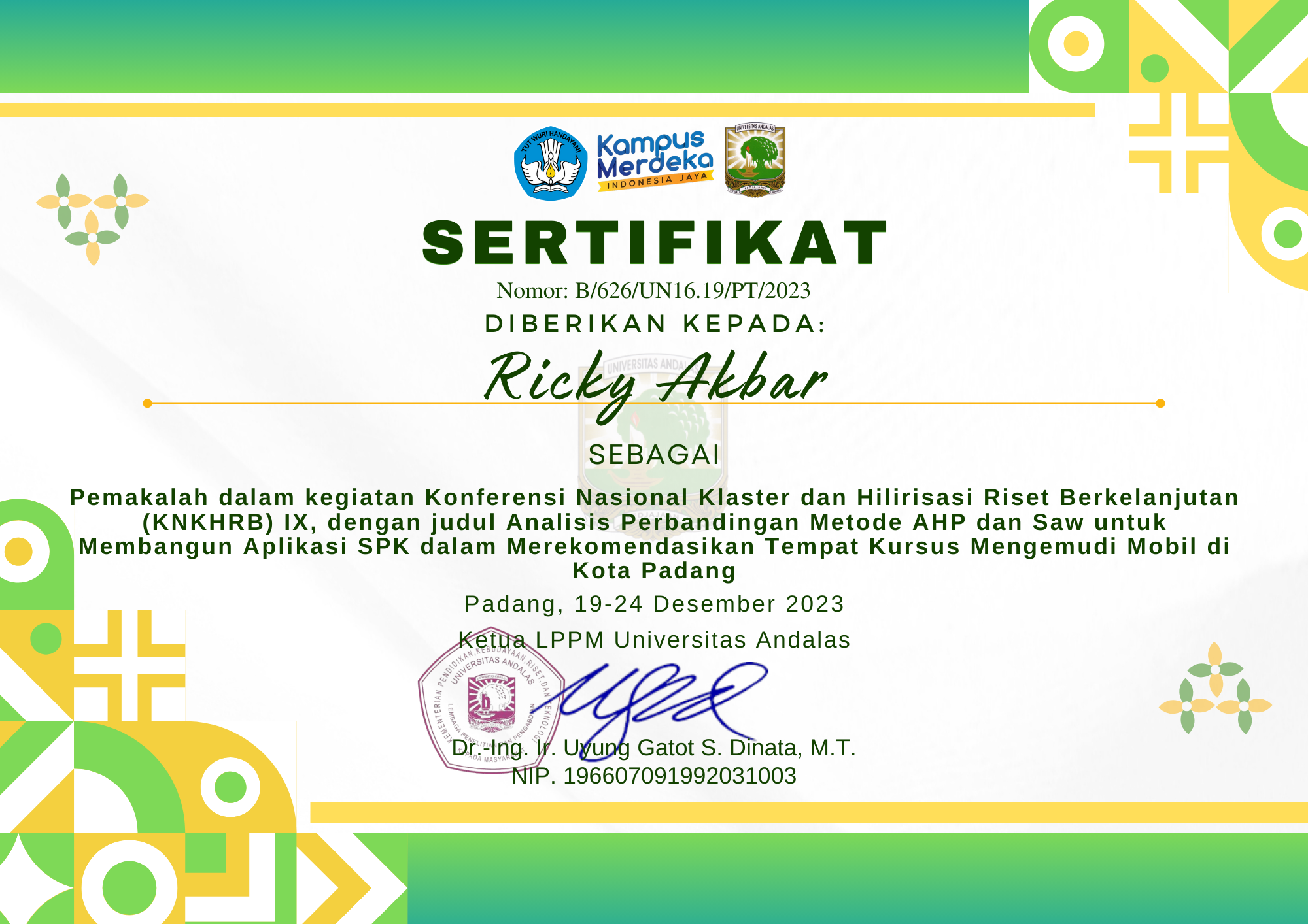 Sertifikat Sebagai Pemakalah Penelitian 2023 - Document Repository ...